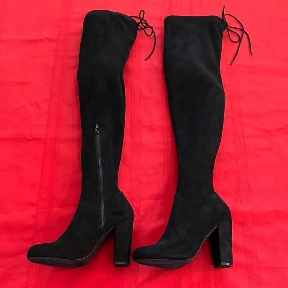 Olivia Ferguson Chic Black Suede Over the Knee Tie/Zip Boots Size 7.5